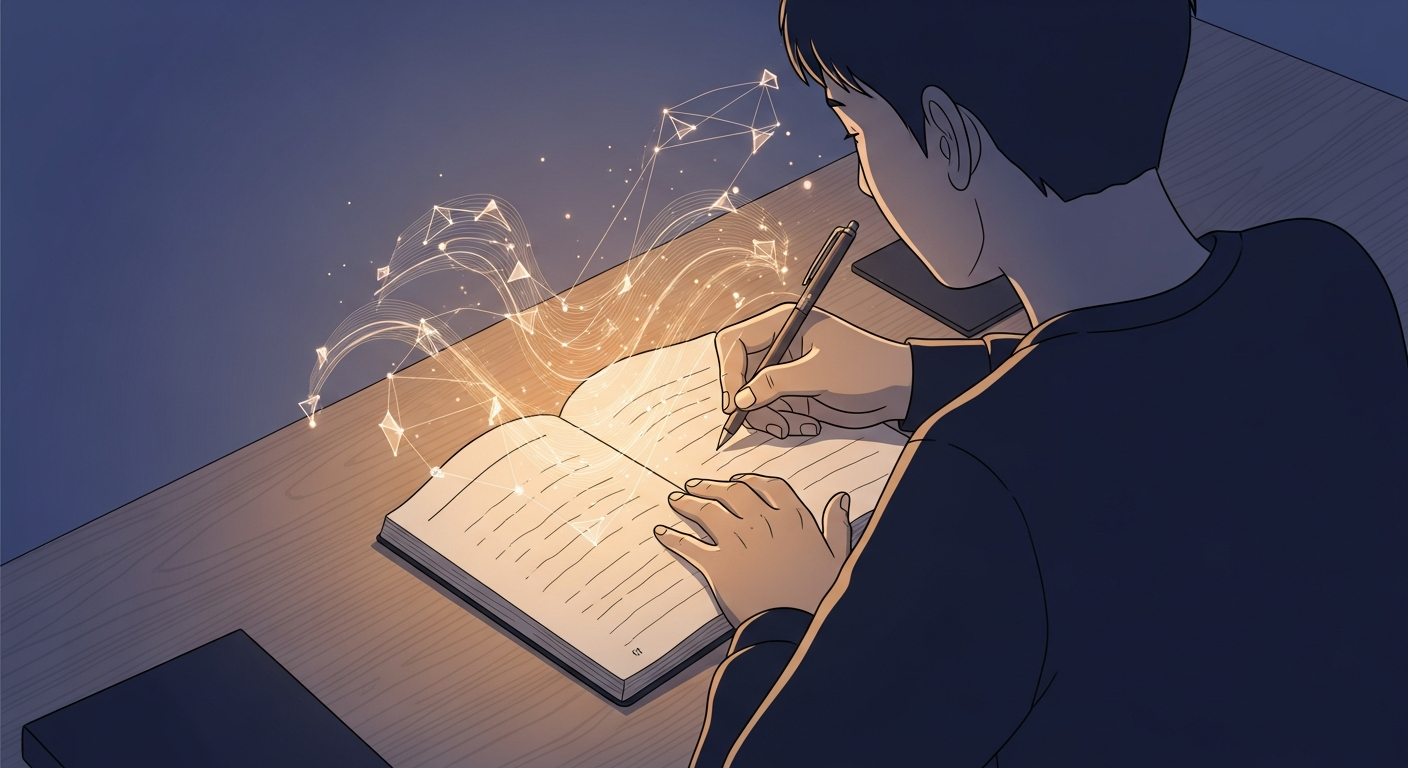 Person writing in a journal with soft AI-inspired light patterns, representing guided AI journaling for stress relief