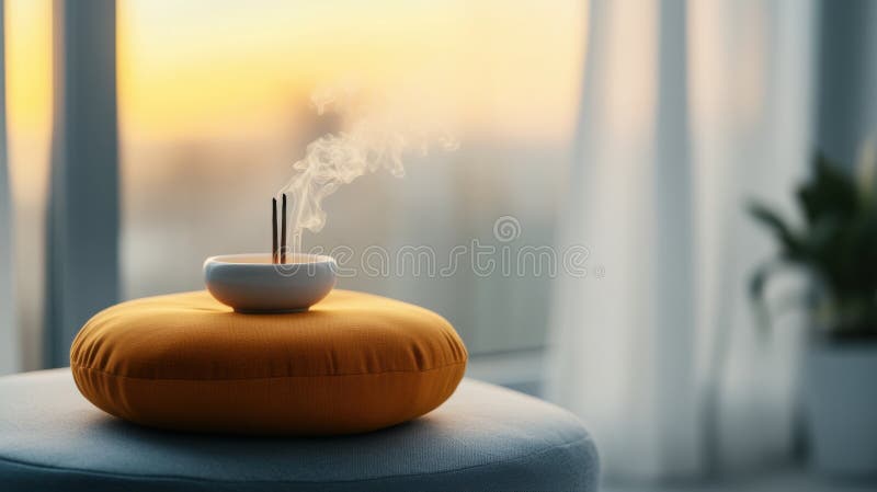 Mindful morning routine with meditation cushion and gentle sunrise for daily emotional wellness