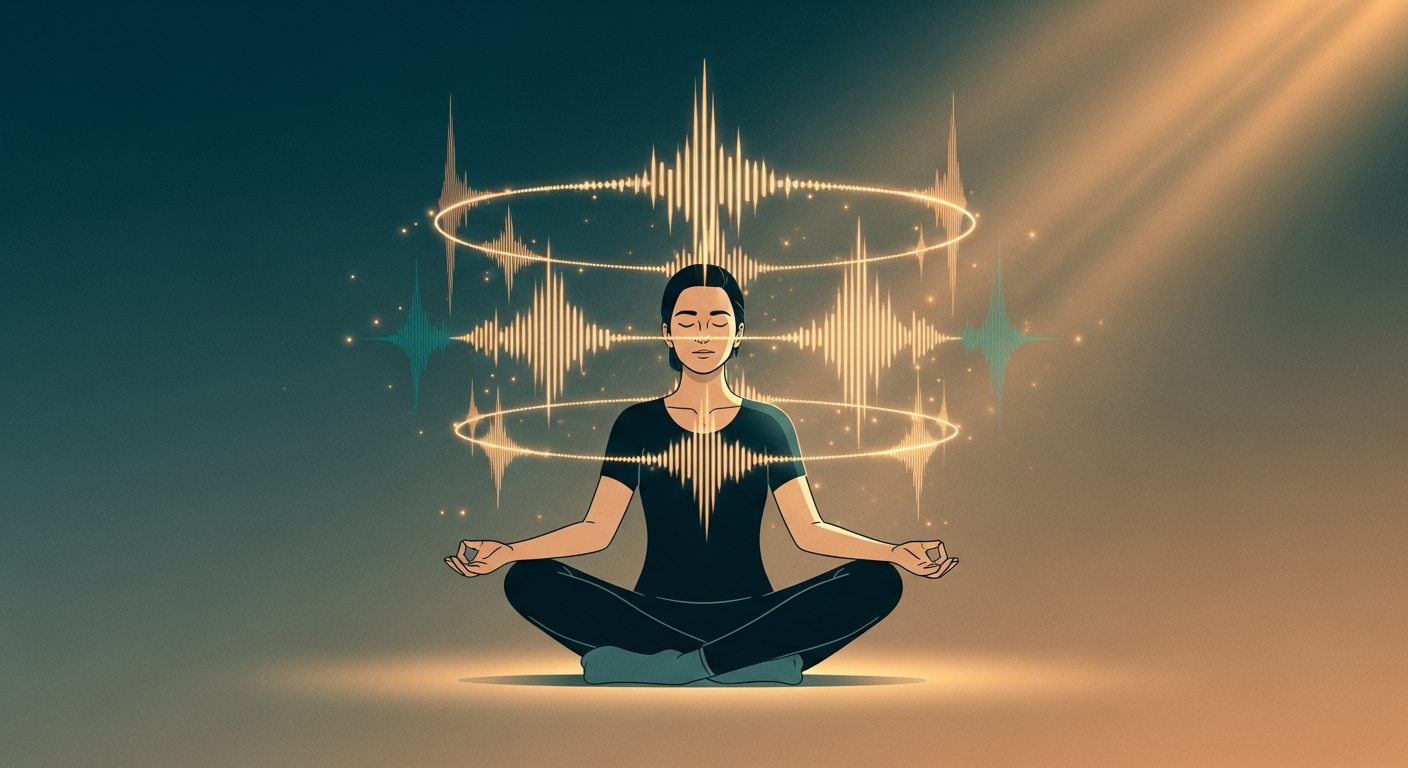Person meditating with personalized audio waveforms representing voice-guided text-to-speech meditation