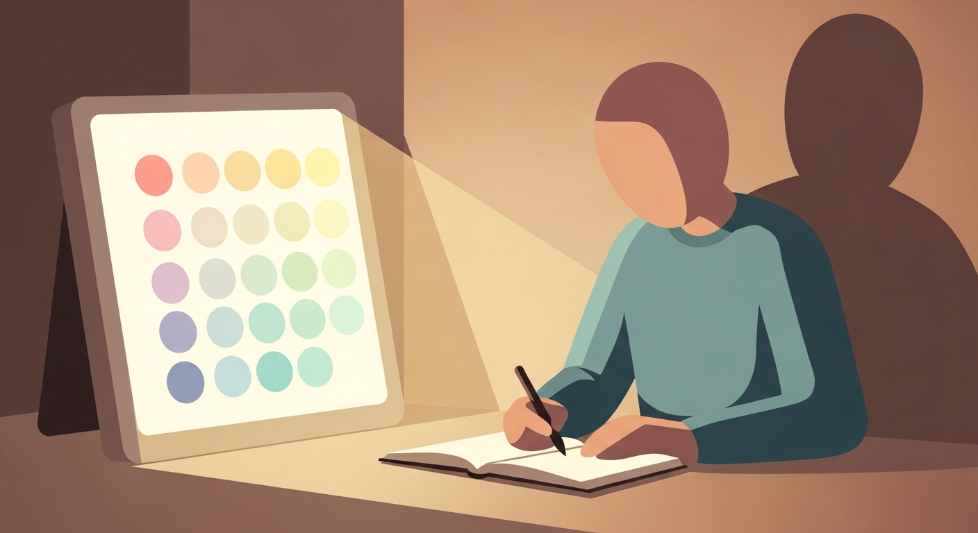 Illustration of a person journaling next to a softly glowing mood chart, representing reflection paired with mood tracking
