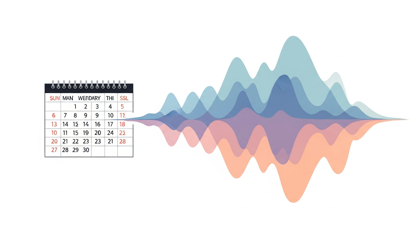 Abstract illustration of a calendar transforming into a gentle emotional wave chart representing mood patterns over time