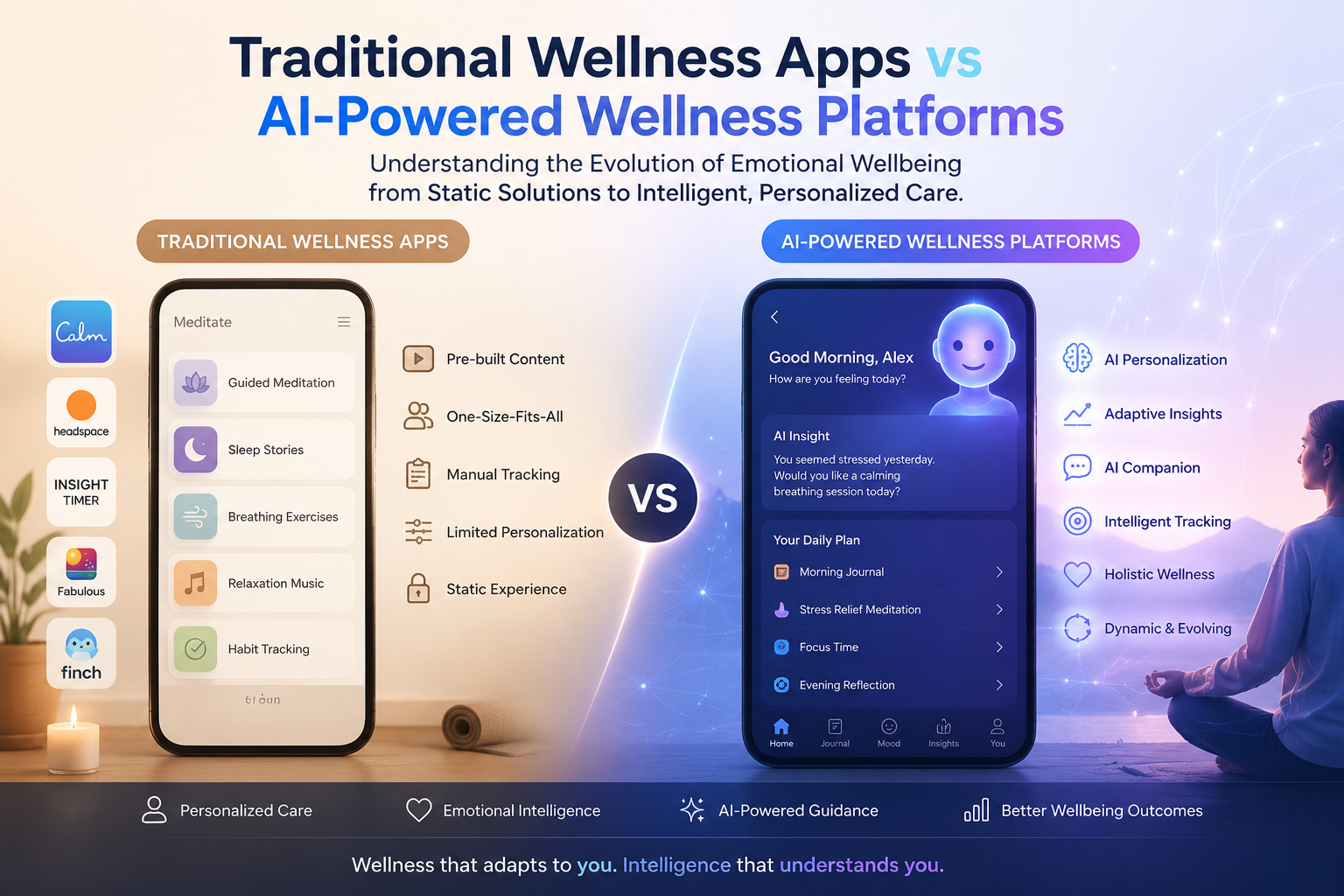Traditional Wellness Apps vs AI-Powered Wellness Platforms comparison infographic